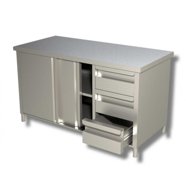 Stainless steel cabinet table with sliding doors Without upstand with chest of 3 drawers Model A3CD/S206