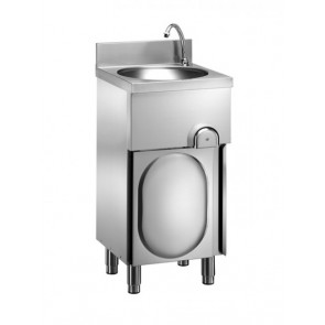 Stainless steel hand washer Model LM48M on neutral element with hinged doors, knee control