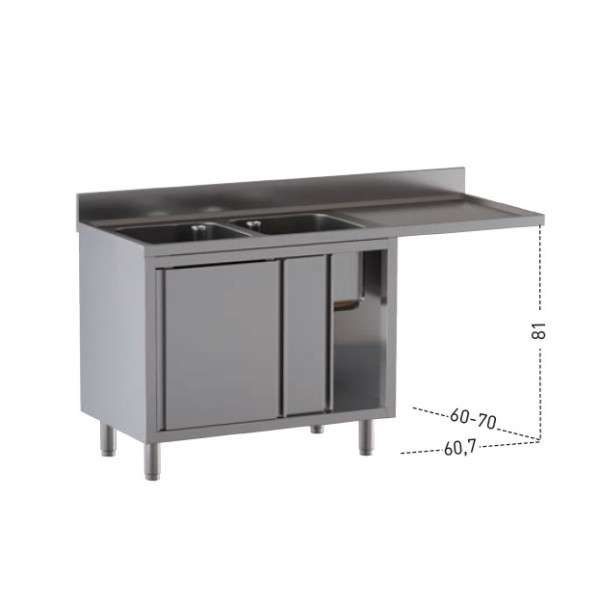 Stainless steel cupboard sink two tubs with drainer and hollow for dishwasher Model A2VLS/D207