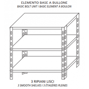 Stainless steel bolt shelving  IXP 3 smooth shelves Basic element With plastic feet and bolts Cut-off edges Polished finish Model SC515LB
