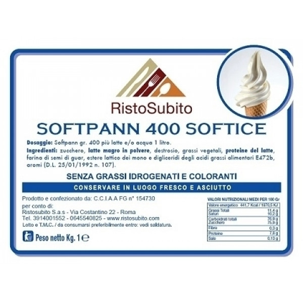 Powdered flavoured preparation for Gelato Soft/Softcream/400 without hydrogenated fats Packs of gr 1000 in cartons of 15 bags Model 40