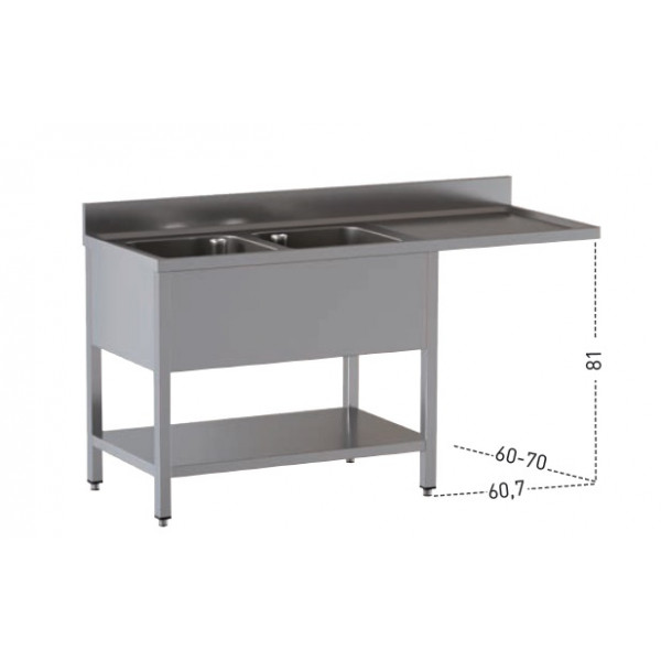 Stainless steel sink with two tubs with drainer on legs with bottom shelf and with hollow for dishwasher Model G2VLS/D207
