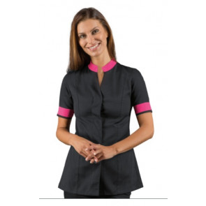 Woman Hibiscus blouse SHORT SLEEVE 65% Polyester 35% Cotton BLACK + LUREX FUCHSIA in different sizes Model 002686