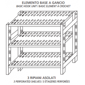 Stainless steel hook shelving IXP 3 perforated shelves Basic element With plastic feet and reinforcements Cut-off edges Polished finish Model SC315FBG