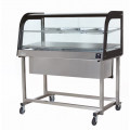 Thermo-display with trolley and shelf SDF Stainless steel structure Temperature °C +30 /+ 90 Thermostatic control Curved glass Capacity N. 4 Trays cm 40x60 Dim. Cm L 170 x P 70 x H 140 Model TCM170EC