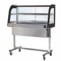Thermo-display with trolley and shelf SDF Stainless steel structure Temperature °C +30 /+ 90 Thermostatic control Curved glass Capacity N. 3 Trays cm 35x45 Dim. Cm L 120 x P 53 x H 140 Model TCM120C