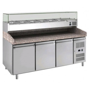 Stainless steel 210 Ventilated Refrigerated Pizza Counter TN with showcase for ingredients Model PZ3600TN38-FC i 3 refrigerated doors