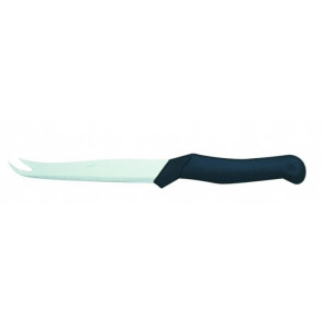 Cheese knife wiht two prongs. Tempered AISI 420 stainless steel blade with conical sharpening, satin finish.  Handle : in rubberized non-toxic material, anti-slip and dishwasher safe. Blade Cm 12 Model CL90740