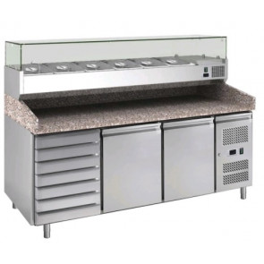 Stainless steel 210 Ventilated Refrigerated Pizza Counter TN with showcase for ingredients Model PZ2610TN38-FC  2 refrigerated doors + 1 neutral chest of drawers with 7 drawers