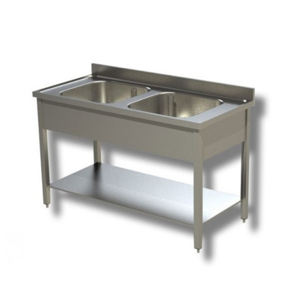 Stainless steel sink with two tubs on legs with bottom shelf Model G2V127