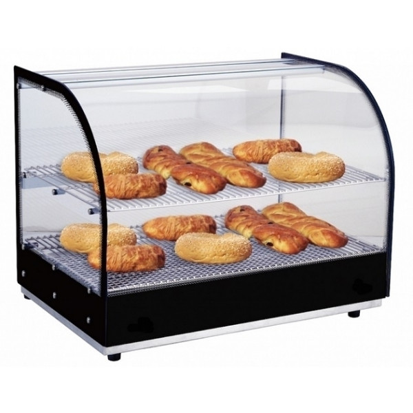 Heated countertop display Model DHN500 N. 2 shelves Tempered glass sides and curved glass front Heating system with resistance