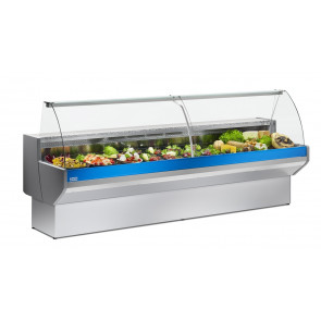 Refrigerated food counter for deli cheese and gastronomy Zoin Model Patagonia PY150PSSG Curved glass Static refrigeration with storage Built-in group