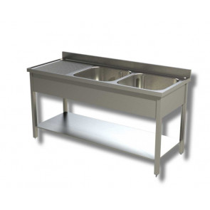 Stainless steel sink with two tubs on legs with drainer and bottom shelf Model G2VGS/D186
