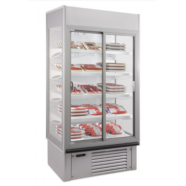 Wall-site multidecks with sliding doors made of pre-painted metal sheet MON Model SUPERSUNNY 19 GLASS Ventilated refrigeratio