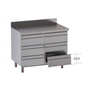 Stainless steel self-supporting cabinet with 6 drawers With upstand with worktop Model DSN6C086A