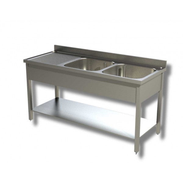 Stainless steel sink with two tubs on legs with drainer and bottom shelf Model G2VGS/D206