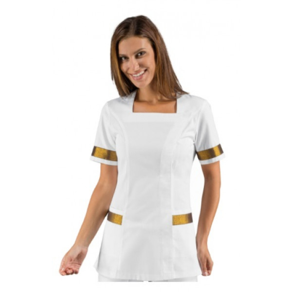 Woman Aberdeen blouse SHORT SLEEVE 100% Polyester WHITE + LUREX GOLD Avaible in different sizes Model 005370