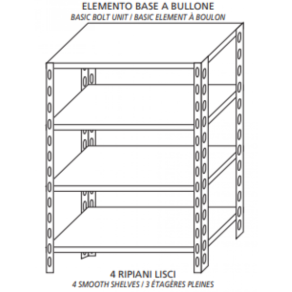Stainless steel bolt shelving IXP 4 smooth shelves Basic element With plastic feet and bolts Cut-off edges Polished finish Model SC320LB