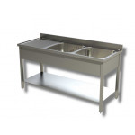 Stainless steel sink with two tubs on legs with drainer and bottom shelf Model G2VGS/D196