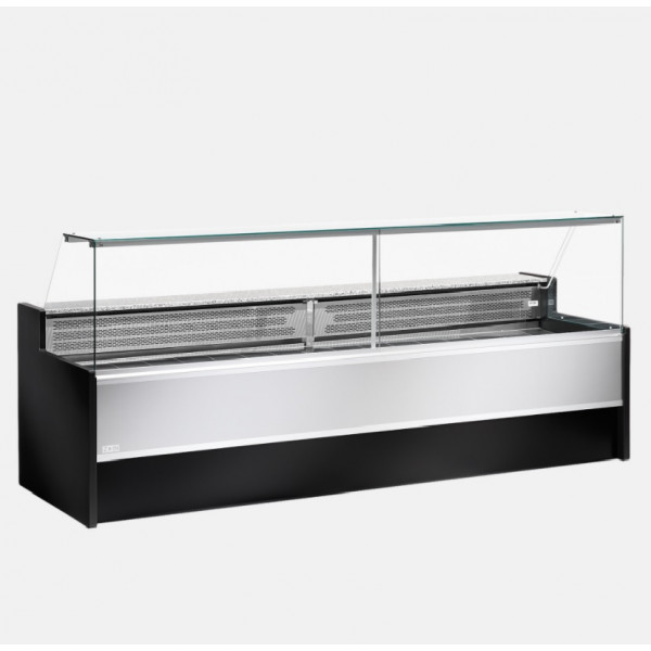 Refrigerated food counter ideal for deli cheese and gastronomy Zoin Model Mesetas MT400PSCG Straight glass upwards opening Ventilated refrigeration with storage Built-in group