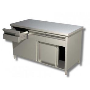 Stainless steel cabinet table with sliding doors Without upstand with 4 drawers Model A4C206