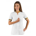 Woman Hibiscus blouse SHORT SLEEVE  100% Polyester WHITE + LUREX GOLD available in different sizes Model 002670