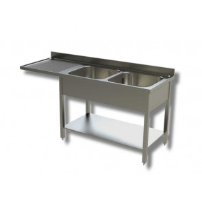 Stainless steel sink with two tubs with drainer on legs with bottom shelf and with hollow for dishwasher Model G2VLS/D206