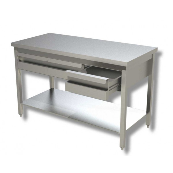 Stainless steel table Without upstand with shelf and 2 drawers Model G2C106