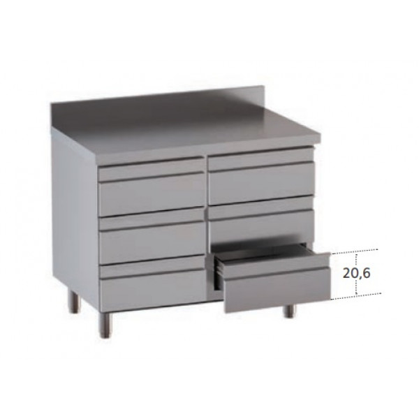 Stainless steel self-supporting cabinet with 6 drawers With upstand with worktop Model DSN6C086A