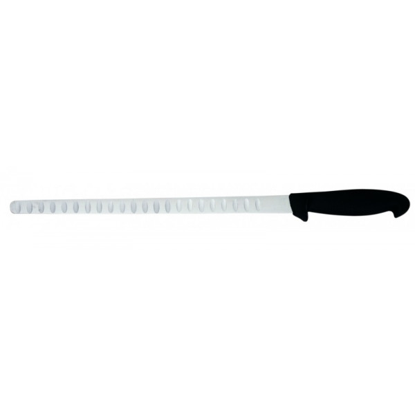 Salmon Knife Tempered AISI 420 stainless steel blade with conical sharpening, satin finish.  Handle in rubberized non-toxic material, anti-slip and dishwasher safe. Blade Cm 28 Model CL1231