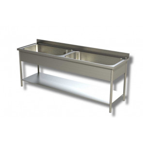 Stainless steel sink with two big tubs on legs with bottom shelf Model G2V207