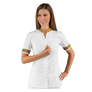 Woman Hibiscus blouse SHORT SLEEVE  100% Polyester WHITE + LUREX GOLD available in different sizes Model 002670
