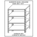 Stainless steel bolt shelving IXP 4 smooth shelves thickness cm 2,5 stainless steel 8/10 Lenght cm 70 Depth cm 30 Height cm 180 Basic element With plastic feet and bolts Cut-off edges Polished finish Model 184697030B