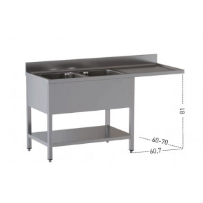 Stainless steel sink with two tubs with drainer on legs with bottom shelf and with hollow for dishwasher Model G2VLS/D187