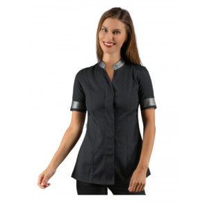 Woman Hibiscus blouse SHORT SLEEVE  65% Polyester and 35% Cotton BLACK + LUREX SILVER available in different sizes Model 002641