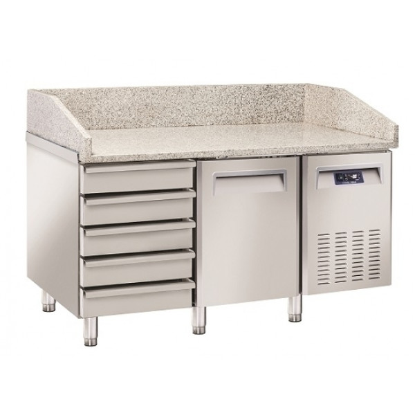 Ventilated Refrigerated Pizza Counter Model QZ16+VRX15/38 one door with a chest of drawers 5 drawers and tray cooler P395 mm