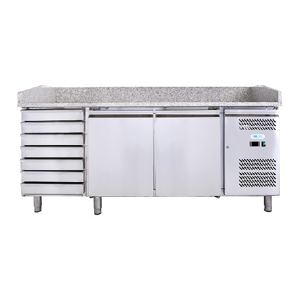 Stainless steel 201 Ventilated Refrigerated Pizza Counter ForCold Modello G-PZ2610TN-FC 2 refrigerated doors + 1 neutral chest of drawers with 7 drawers
