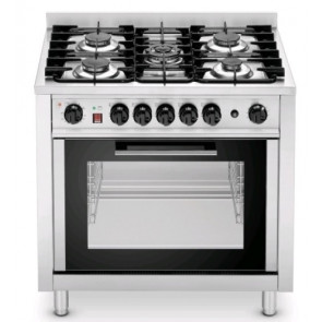 5 burner cooker Model EKC96 with electric convection oven Capacity n.4 trays/grills cm 60 x 40 o n.4 trays/grills 1/1GN Oven power Kw 2,9 - Grill Kw 2,5 Cooktop thermal capacity 14,3 kW