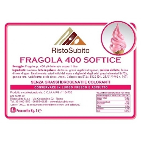 Powdered flavoured preparation for Gelato Soft/Strawberry/400 without hydrogenated fats Packs of gr 1000 in cartons of 15 bags Model 44