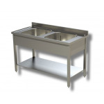 Stainless steel sink with two tubs on legs with bottom shelf Model G2V116