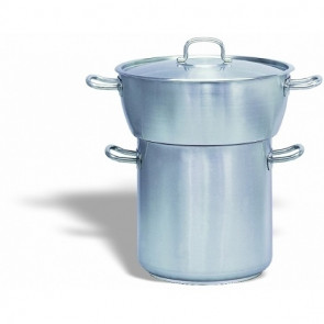 18/10 Stainless steel convex couscous pan with lid Compatible with induction cookers Capacity Lt. 20/24 Size ø cm. 40/32 x 20/32 h Model 107-040