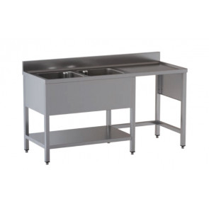 Stainless steel sink with two tubs with drainer on legs with bottom shelf and with hollow for dustbin Model G2VPS/D166