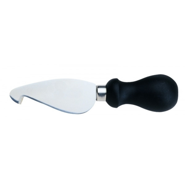 Hooked cheese knife Tempered AISI 420 stainless steel blade with conical sharpening, satin finish.  Handle in rubberized non-toxic material, anti-slip and dishwasher safe.Blade. Cm 10 Model CL1223