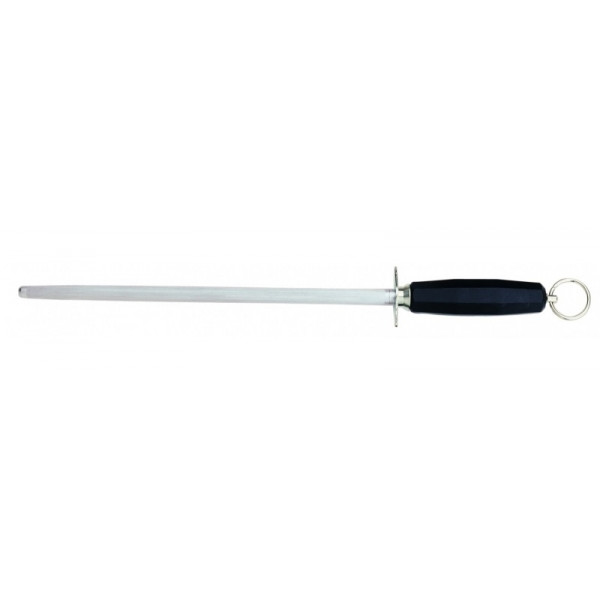 Round steel knife sharpener Tempered AISI 420 stainless steel blade with conical sharpening, satin finish.  Handle in rubberized non-toxic material, anti-slip and dishwasher safe. Blade Cm 30 Model CL1248