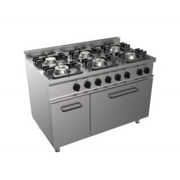 Gas range 6 burners CI Model RisCu060 with static electric oven GN 2/1 cm L 68,5 x P 53 x 35 H Cabinet with door Gas power 36 kW