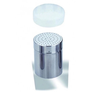 Stainless steel spice shaker with small holes and plastic lid Size ø cm. 7x9,6h Model  348-002