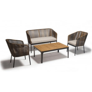 Outdoor set TESR Powder coated aluminum frame, polyethylene strap covering, outdoor fabric cushions covering, powder coated aluminum coffee table, teak top Model 1296-BAR1