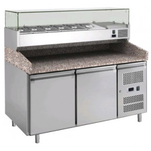 Stainless steel 210 Ventilated Refrigerated Pizza Counter TN with showcase for ingredients Model PZ2600TN38-FC  2 refrigerated doors