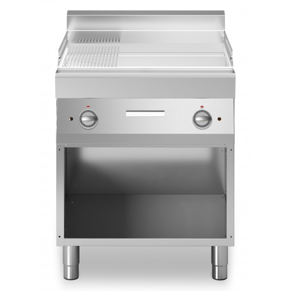 Electric fry top Chromed 2/3 smooth 1/3 striped plate MDLR Model F7070FTECLRA Open cabinet