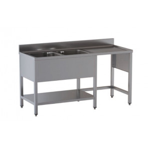 Stainless steel sink with two tubs with drainer on legs with bottom shelf and with hollow for dustbin Model G2VPS/D187